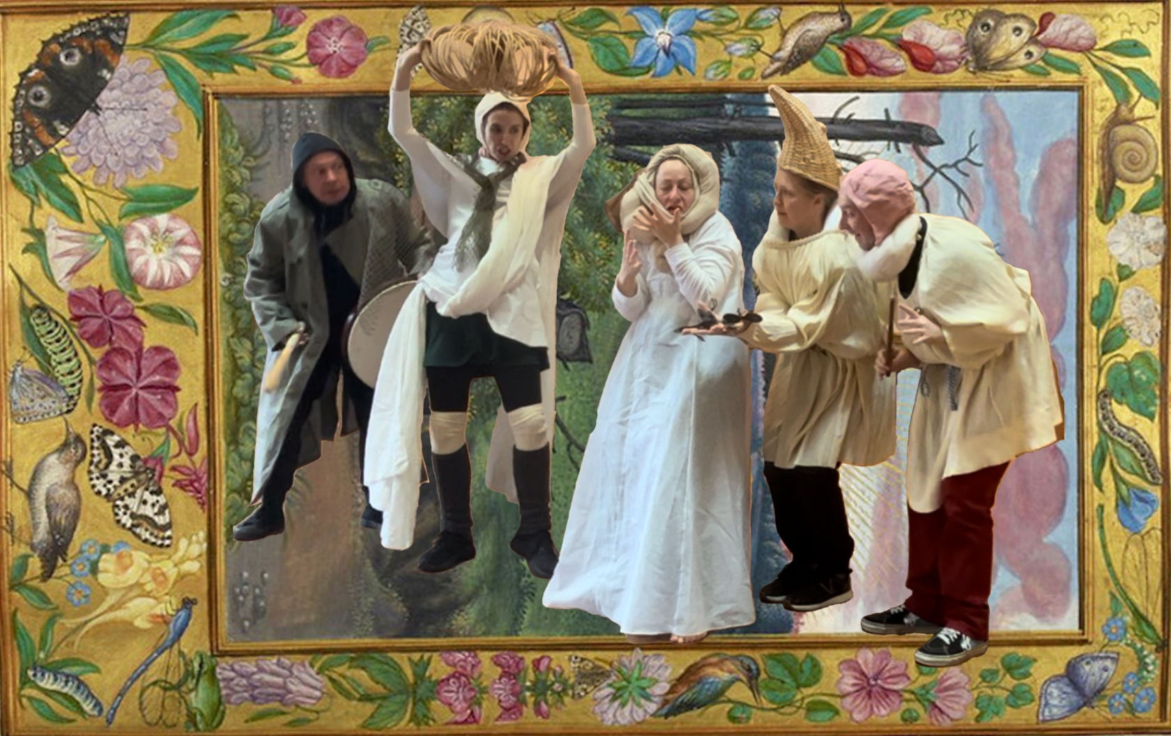 Several people in medieval costumes interact dramatically