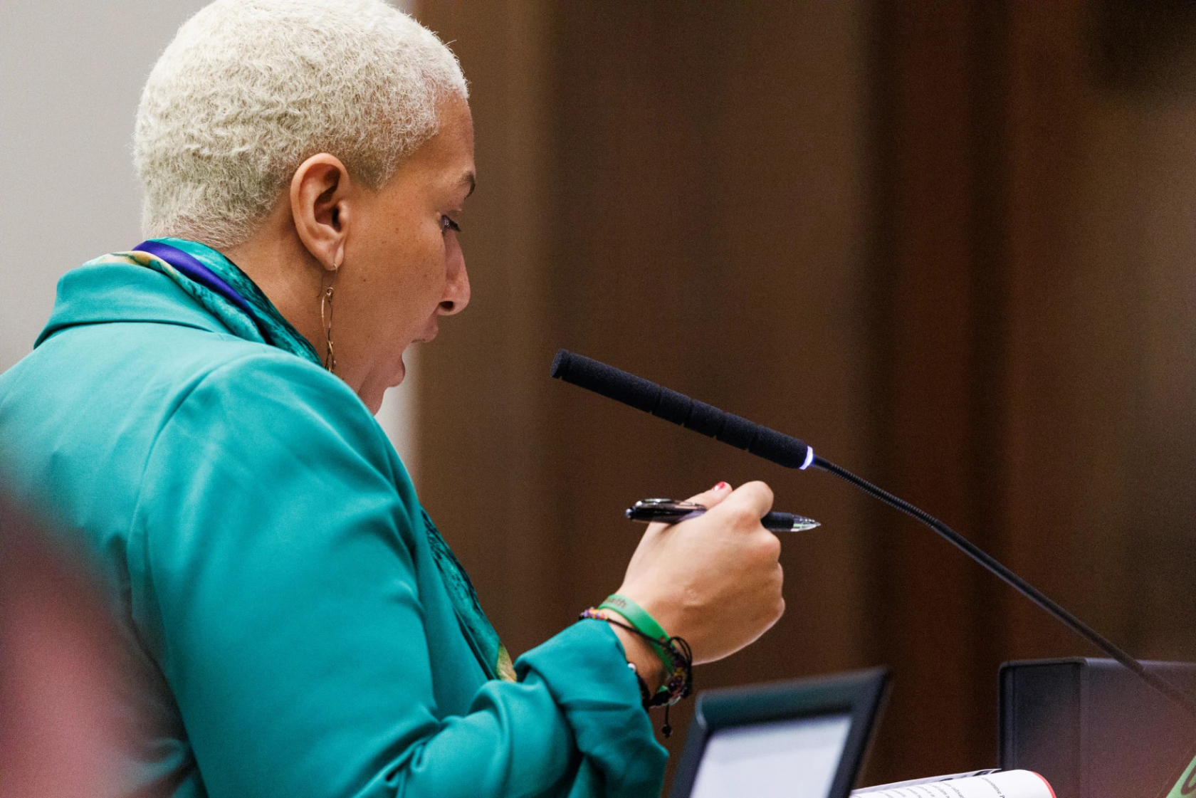 Photo of Higgs-Wise speaking into a microphone.